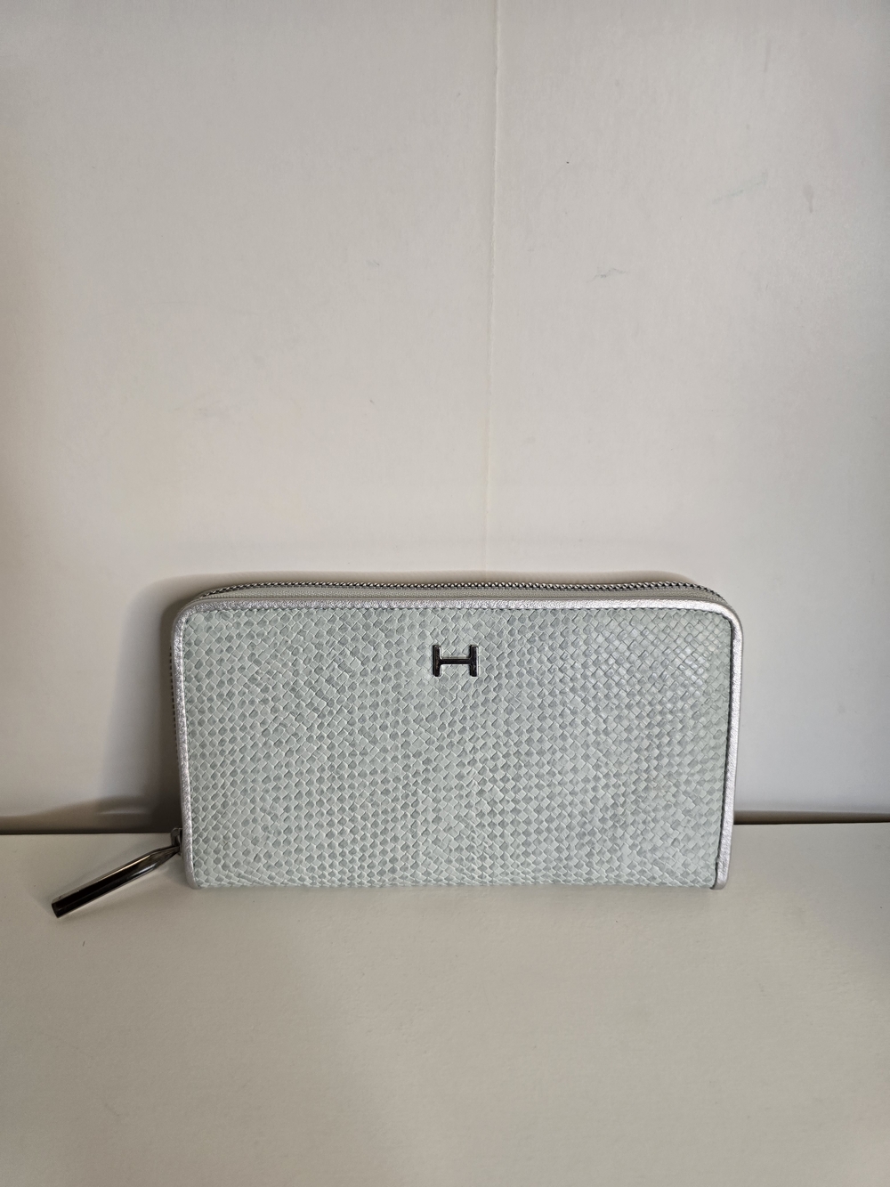 H Light Blue Textured Zip-Around Wallet